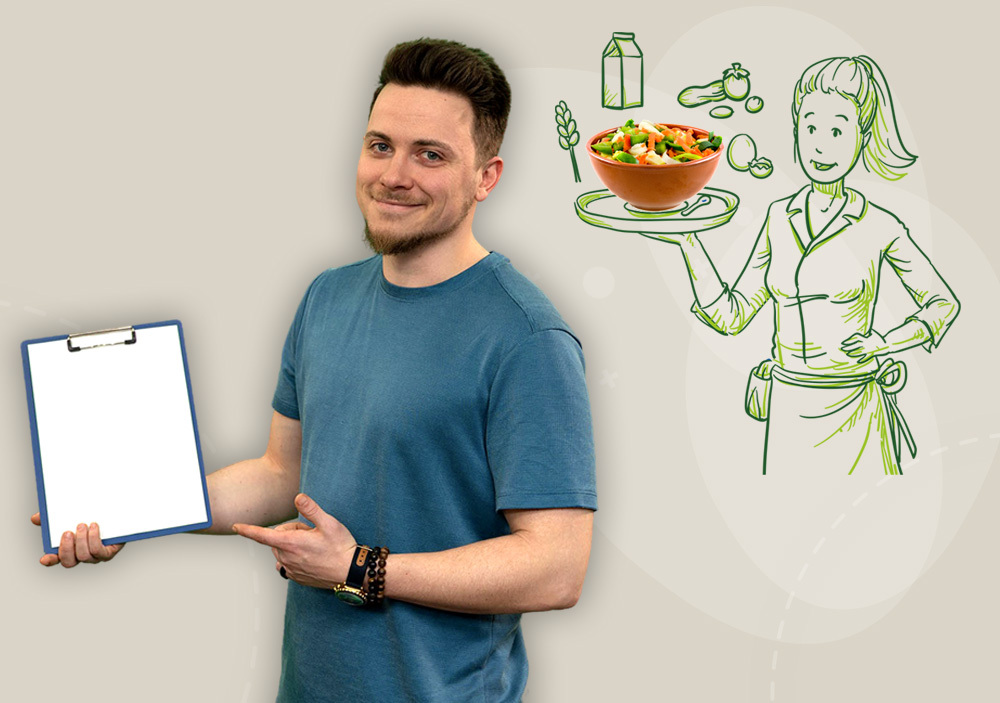 Junger Mann zeigt auf eine Checkliste